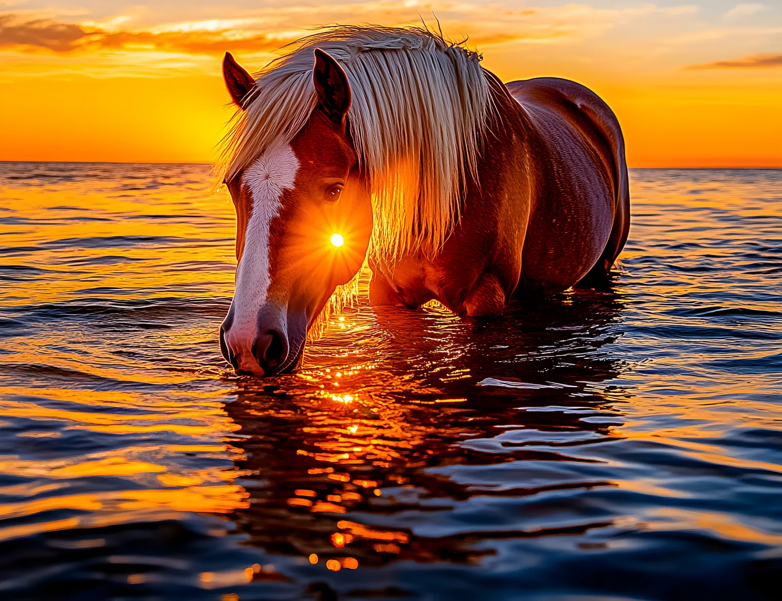 A chestnut horse with a blond mane wading in the sea at sunset